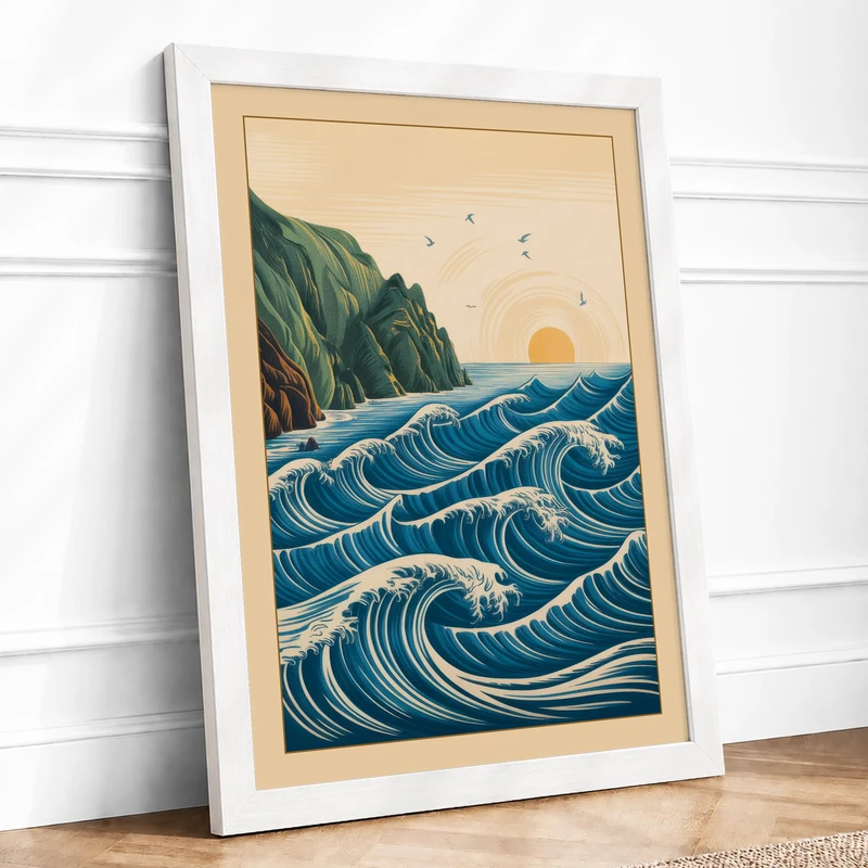 Cliffs and Stormy Sea Coastal Framed Wall Art Print A1 White