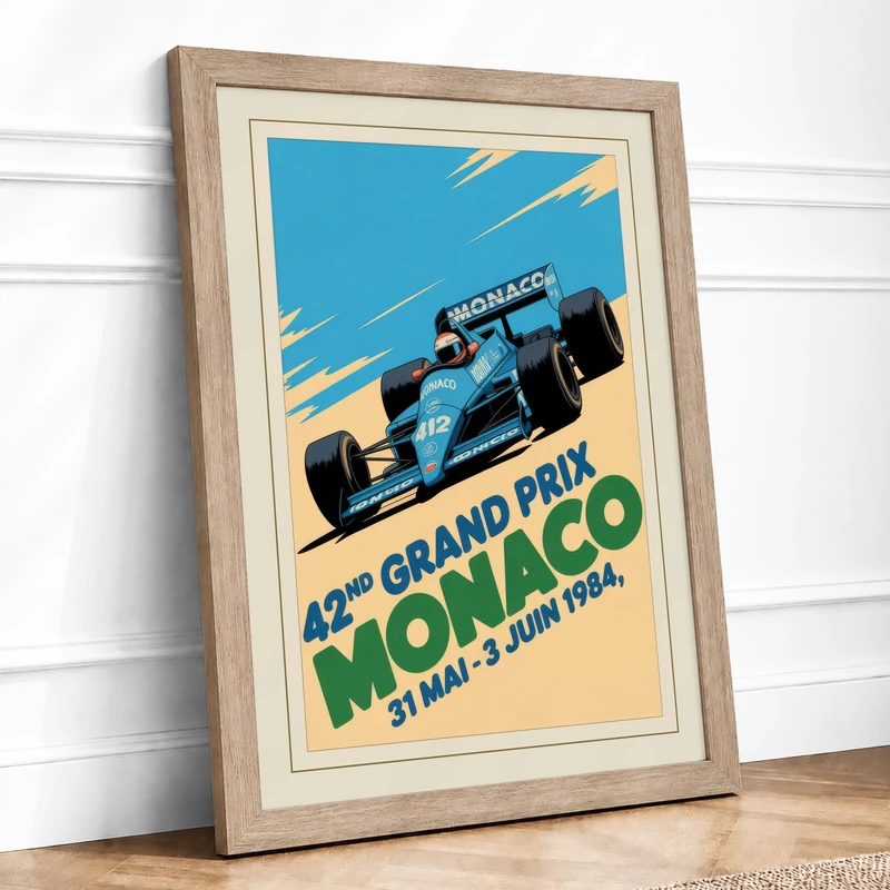 Grand Prix Monaco 1964 Retro Framed Wall Art Print A1 (84.1×59.4cm) Oak, Wall Decor for Living Room, Bedroom, Office & Home, Ready to Hang, Art Gift