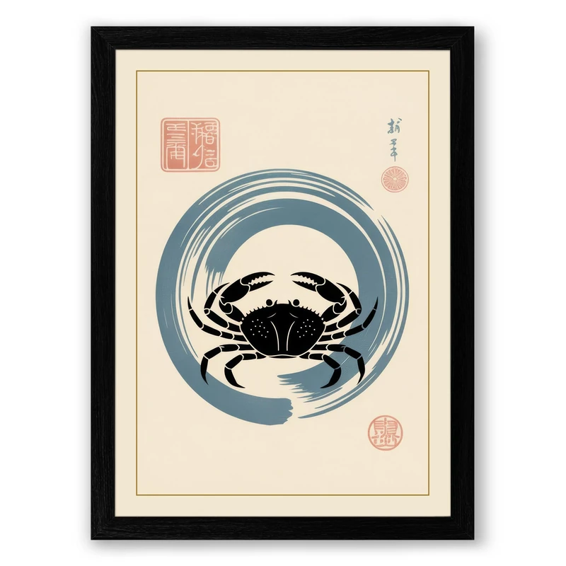 Crab in Circles Japandi Framed Wall Art Print A1 (84.1×59.4cm) Black, Wall Decor for Living Room, Bedroom, Office & Home, Ready to Hang, Art Gift