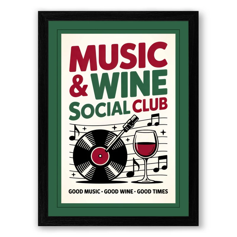 Music and Wine Club Vintage Framed Wall Art Print A1 (84.1×59.4cm) Black, Wall Decor for Living Room, Bedroom, Office & Home, Ready to Hang, Art Gift