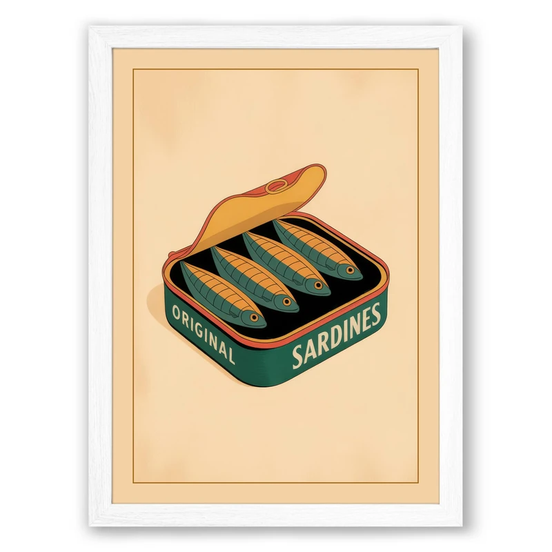 Sardine Tin Vintage Framed Wall Art Print A1 (84.1×59.4cm) White, Wall Decor for Living Room, Bedroom, Office & Home, Ready to Hang, Art Gift