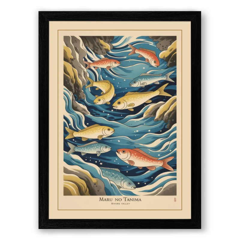 Life in the Stream Japandi Framed Wall Art Print A1 (84.1×59.4cm) Black, Wall Decor for Living Room, Bedroom, Office & Home, Ready to Hang, Art Gift