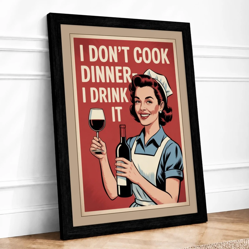 Wine Not Dinner Retro Framed Wall Art Print A1 (84.1×59.4cm) Black, Wall Decor for Living Room, Bedroom, Office & Home, Ready to Hang, Art Gift
