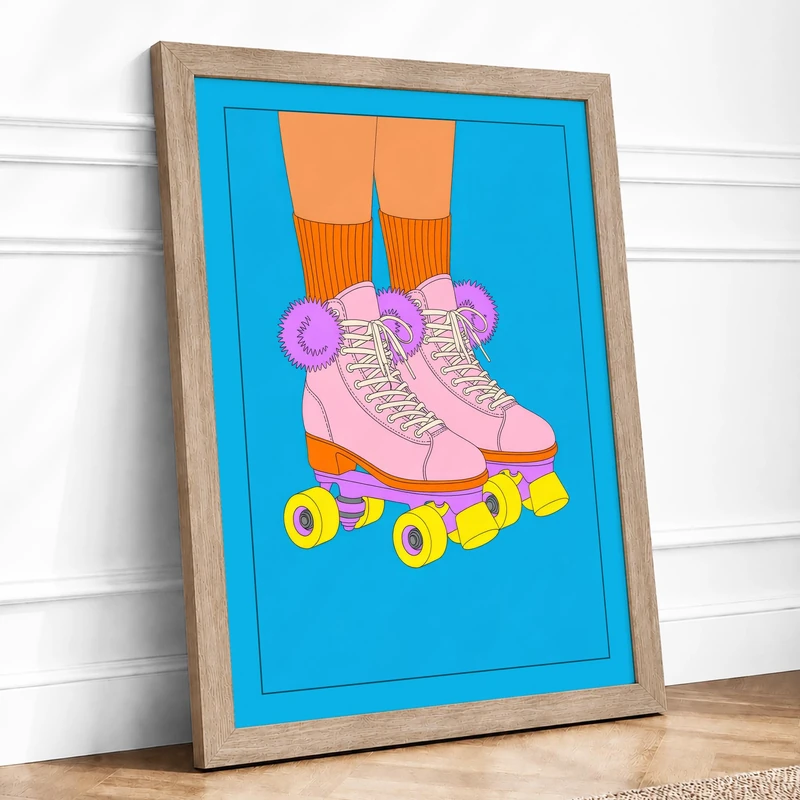 Roller Skates Retro Framed Wall Art Print A1 (84.1×59.4cm) Oak, Wall Decor for Living Room, Bedroom, Office & Home, Ready to Hang, Art Gift - Image 1