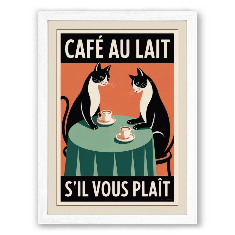 Café Au Lait Vintage Framed Wall Art Print A1 (84.1×59.4cm) White, Wall Decor for Living Room, Bedroom, Office & Home, Ready to Hang, Art Gift