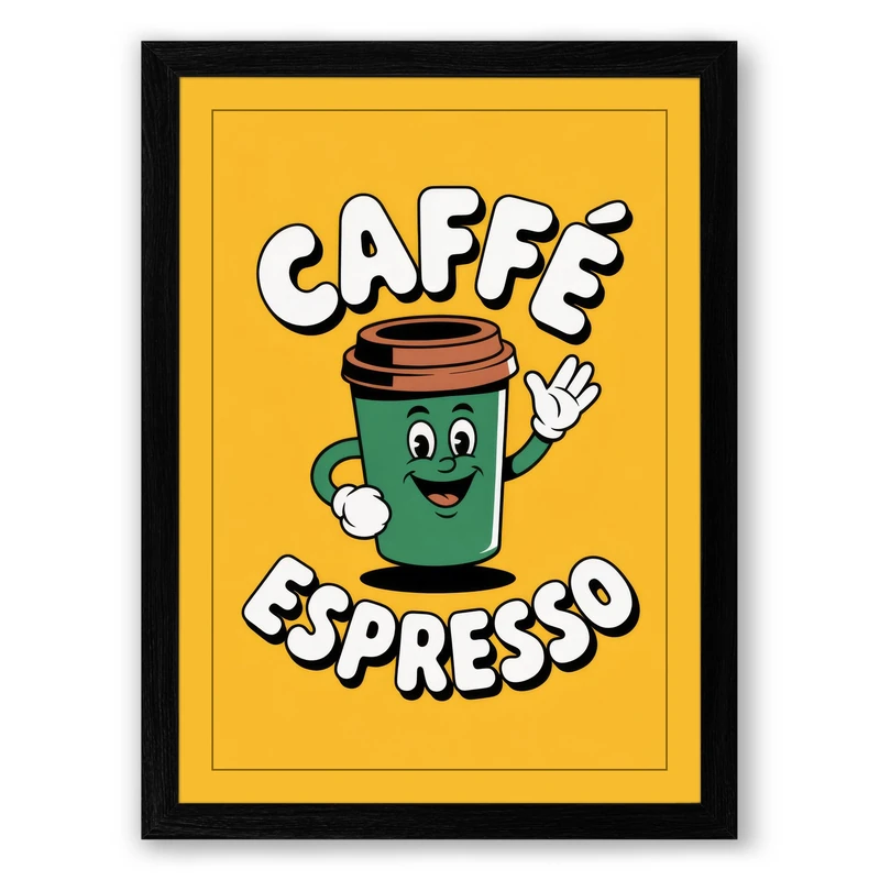 Caffe Espresso Character Retro Framed Wall Art Print A1 (84.1×59.4cm) Black, Wall Decor for Living Room, Bedroom, Office & Home, Ready to Hang, Art Gift - Image 1