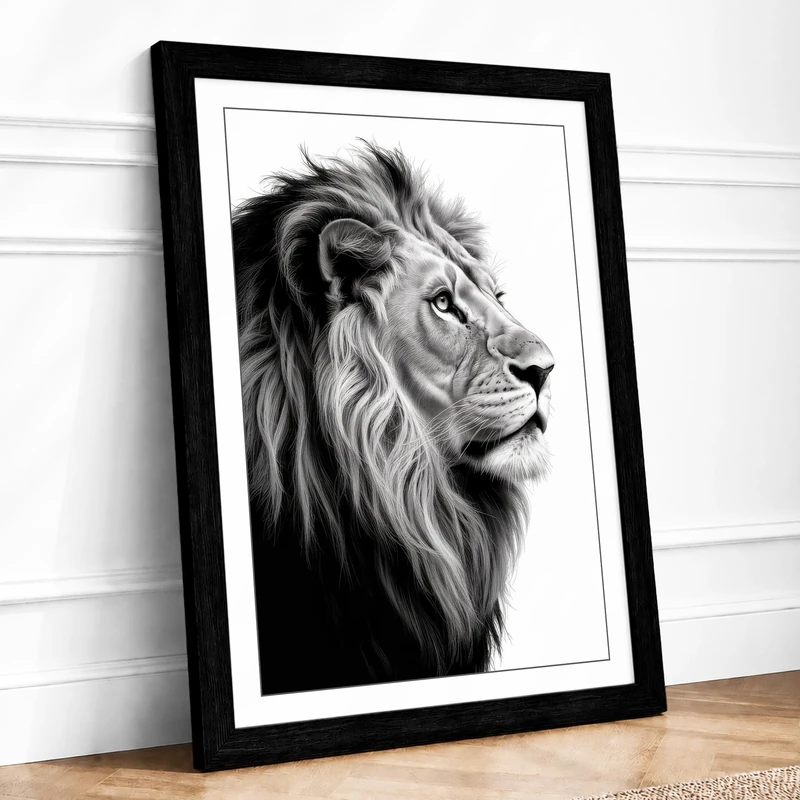 Lion in Profile Minimalist Framed Wall Art Print A1 (84.1×59.4cm) Black, Wall Decor for Living Room, Bedroom, Office & Home, Ready to Hang, Art Gift