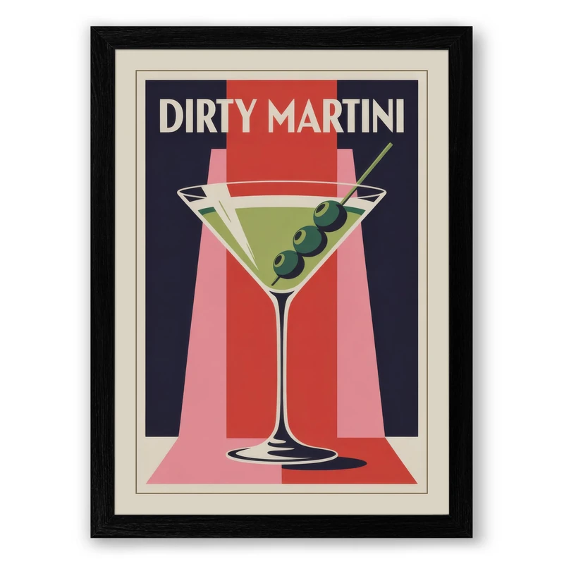 Dirty Martini Retro Framed Wall Art Print A1 (84.1×59.4cm) Black, Wall Decor for Living Room, Bedroom, Office & Home, Ready to Hang, Art Gift