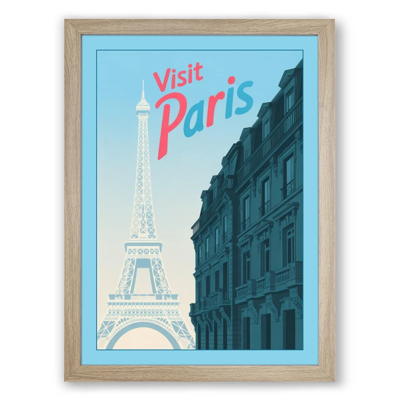 Postcard from Paris Vintage Framed Wall Art Print A1 (84.1×59.4cm) Oak, Wall Decor for Living Room, Bedroom, Office & Home, Ready to Hang, Art Gift