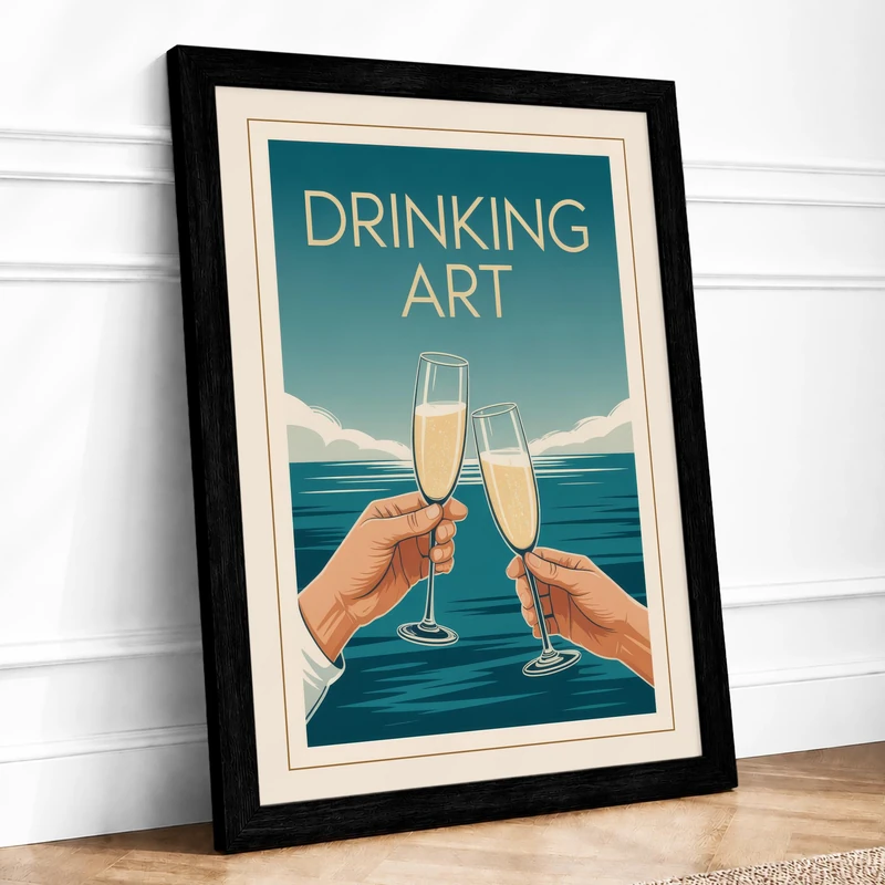 Champagne Toast by the Sea Art Deco Framed Wall Art Print A1 (84.1×59.4cm) Black, Wall Decor for Living Room, Bedroom, Office & Home, Ready to Hang, Art Gift