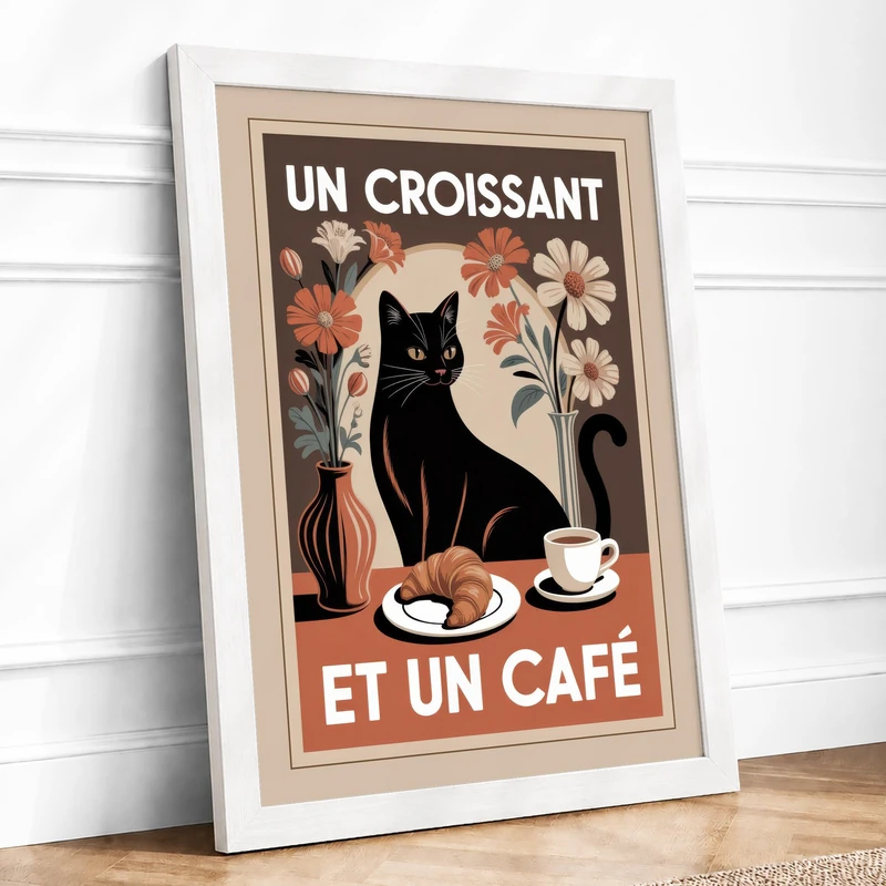 Un Croissant et Un Café Vintage Framed Wall Art Print A1 (84.1×59.4cm) White, Wall Decor for Living Room, Bedroom, Office & Home, Ready to Hang, Art Gift - Image 1