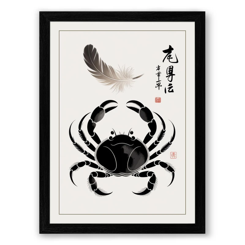 Crab and Feather Japandi Framed Wall Art Print A1 (84.1×59.4cm) Black, Wall Decor for Living Room, Bedroom, Office & Home, Ready to Hang, Art Gift