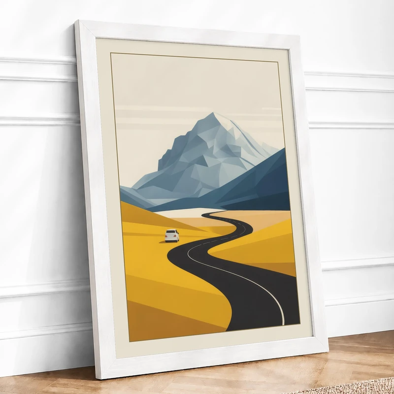 Mountain and Winding Road Framed Wall Art Print A1 White