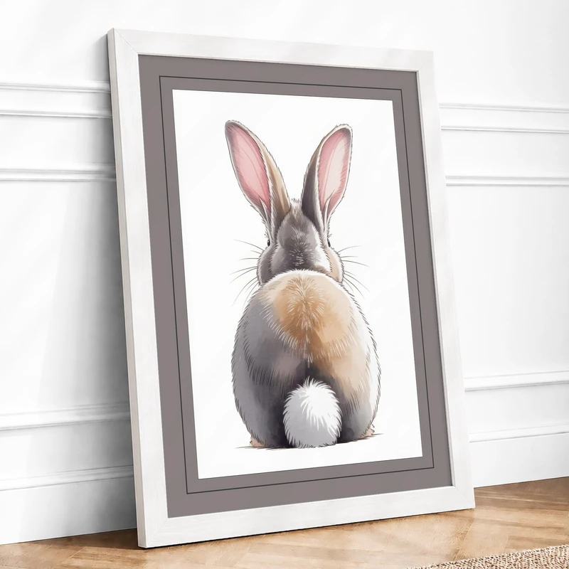Rabbit From Behind Minimalist Framed Wall Art Print A1 (84.1×59.4cm) White, Wall Decor for Living Room, Bedroom, Office & Home, Ready to Hang, Art Gift