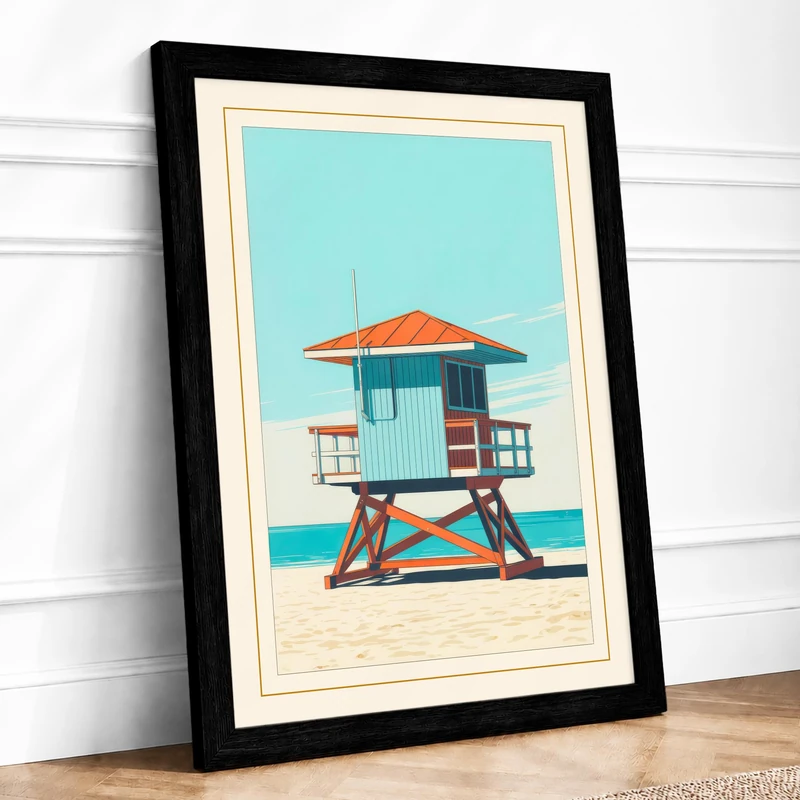 Lifeguard Tower Watch Retro Framed Wall Art Print A1 (84.1×59.4cm) Black, Wall Decor for Living Room, Bedroom, Office & Home, Ready to Hang, Art Gift