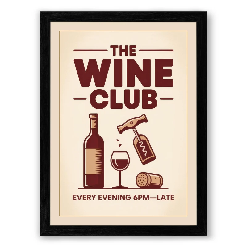 The Wine Club Poster Vintage Framed Wall Art Print A1 (84.1×59.4cm) Black, Wall Decor for Living Room, Bedroom, Office & Home, Ready to Hang, Art Gift