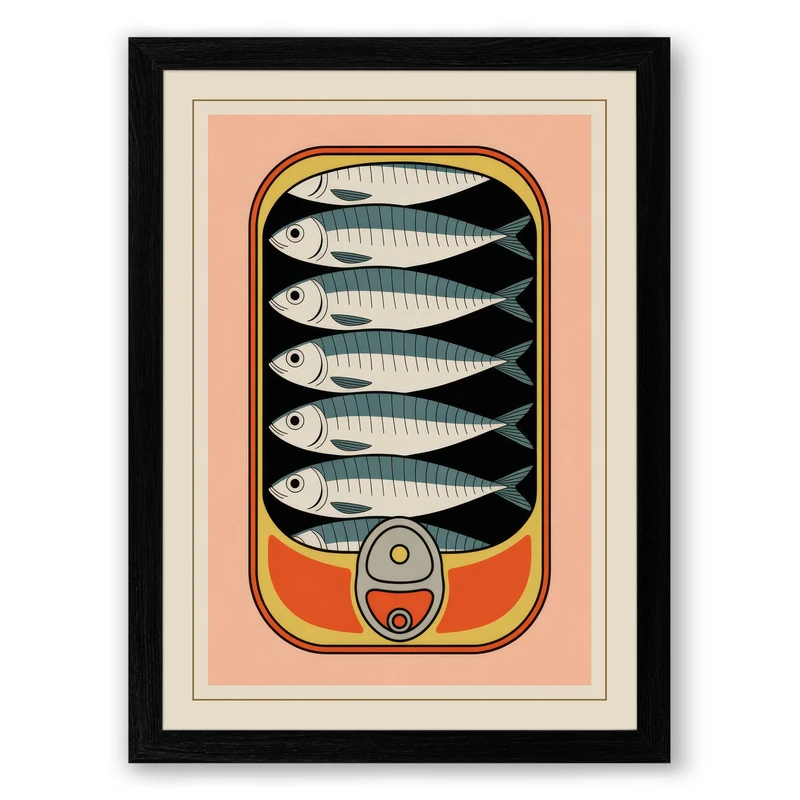 Sardines in Gold Vintage Framed Wall Art Print A1 (84.1×59.4cm) Black, Wall Decor for Living Room, Bedroom, Office & Home, Ready to Hang, Art Gift