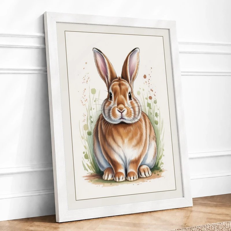 Gentle Rabbit Botanical Framed Wall Art Print A1 (84.1×59.4cm) White, Wall Decor for Living Room, Bedroom, Office & Home, Ready to Hang, Art Gift