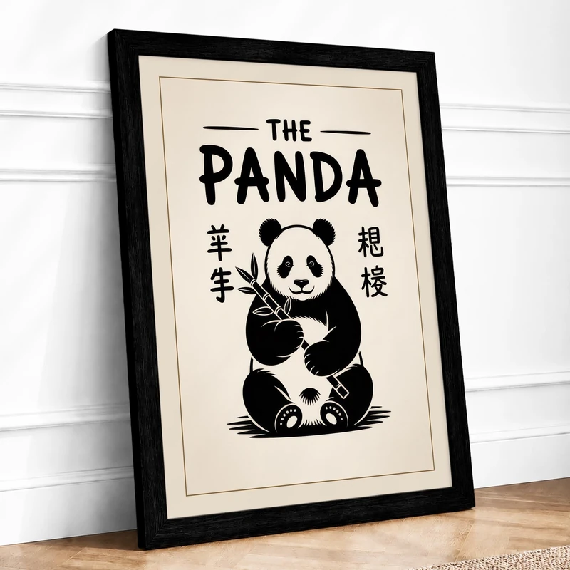 The Panda Japandi Framed Wall Art Print A1 (84.1×59.4cm) Black, Wall Decor for Living Room, Bedroom, Office & Home, Ready to Hang, Art Gift