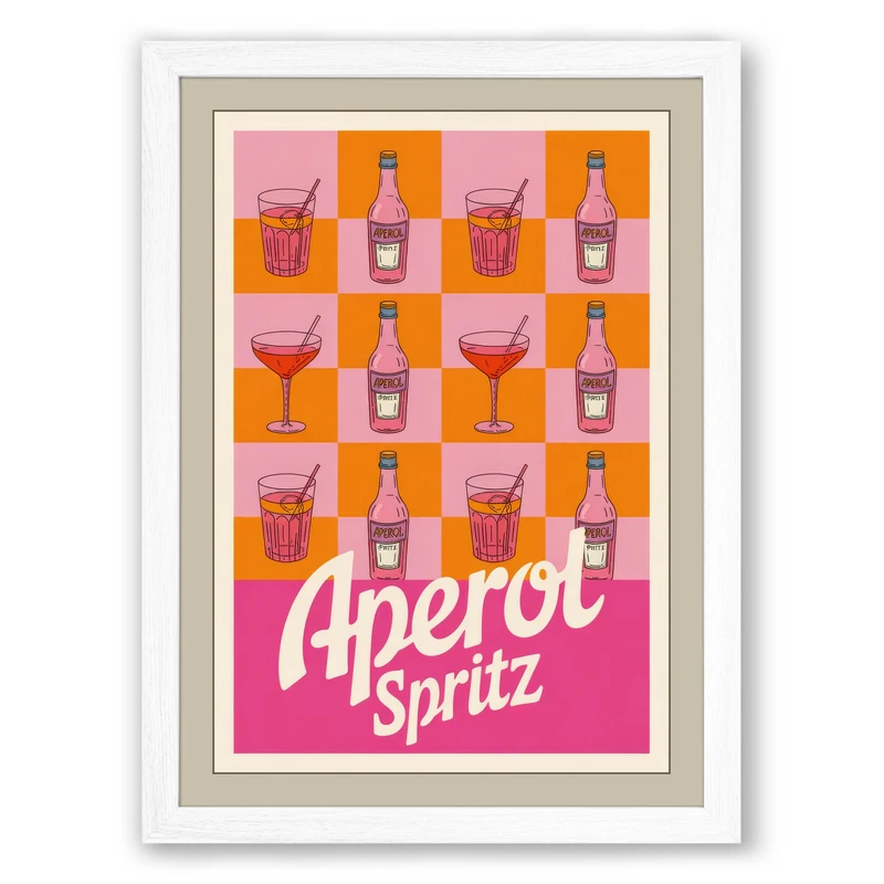 Aperol Spritz Grid Retro Framed Wall Art Print A1 (84.1×59.4cm) White, Wall Decor for Living Room, Bedroom, Office & Home, Ready to Hang, Art Gift