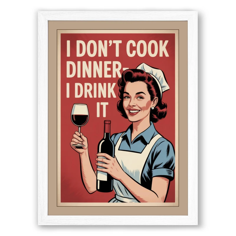 Wine Not Dinner Retro Framed Wall Art Print A1 (84.1×59.4cm) White, Wall Decor for Living Room, Bedroom, Office & Home, Ready to Hang, Art Gift