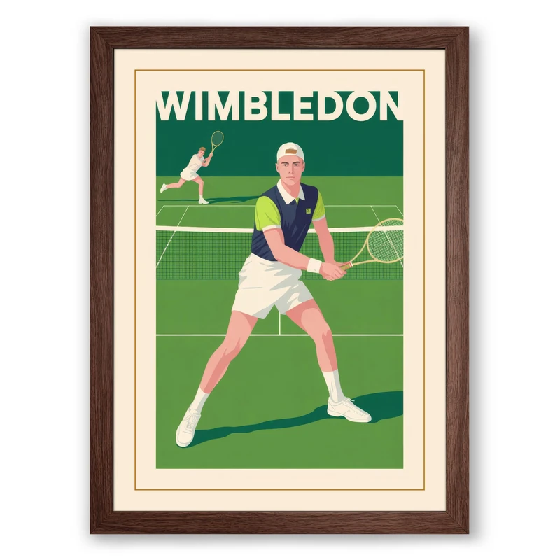 Wimbledon Tennis Player Vintage Framed Wall Art Print A1 (84.1×59.4cm) Walnut, Wall Decor for Living Room, Bedroom, Office & Home, Ready to Hang, Art Gift - Image 1