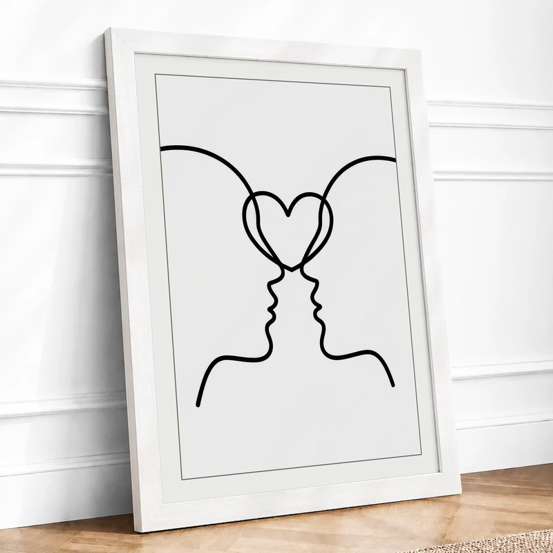 Two Hearts, One Line Minimalist Framed Wall Art Print A1 (84.1×59.4cm) White, Wall Decor for Living Room, Bedroom, Office & Home, Ready to Hang, Art Gift - Image 1