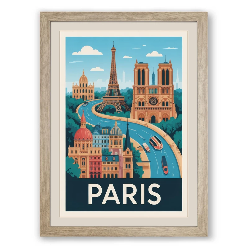 Postcard from Paris Vintage Framed Wall Art Print A1 (84.1×59.4cm) Oak, Wall Decor for Living Room, Bedroom, Office & Home, Ready to Hang, Art Gift