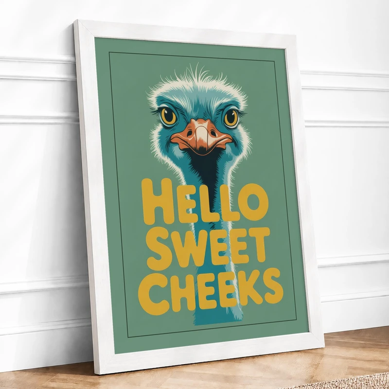 Hello Sweet Cheeks Modern Framed Wall Art Print A1 (84.1×59.4cm) White, Wall Decor for Living Room, Bedroom, Office & Home, Ready to Hang, Art Gift