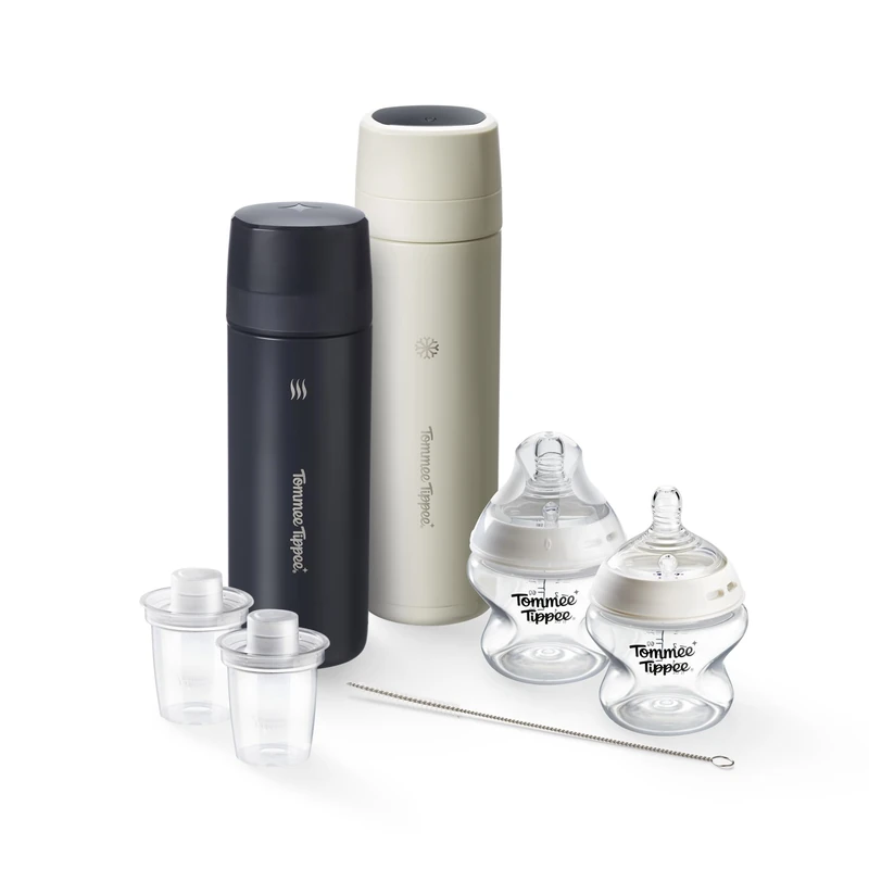 Tommee Tippee PrepGo Portable Formula Feed Maker Set & Newborn Bottles, Ideal for Travel & Night Feeds, Feed in 2 Minutes, Includes Hot & Cool Flasks, Milk Powder Dispensers & 2 Natural Start Bottles