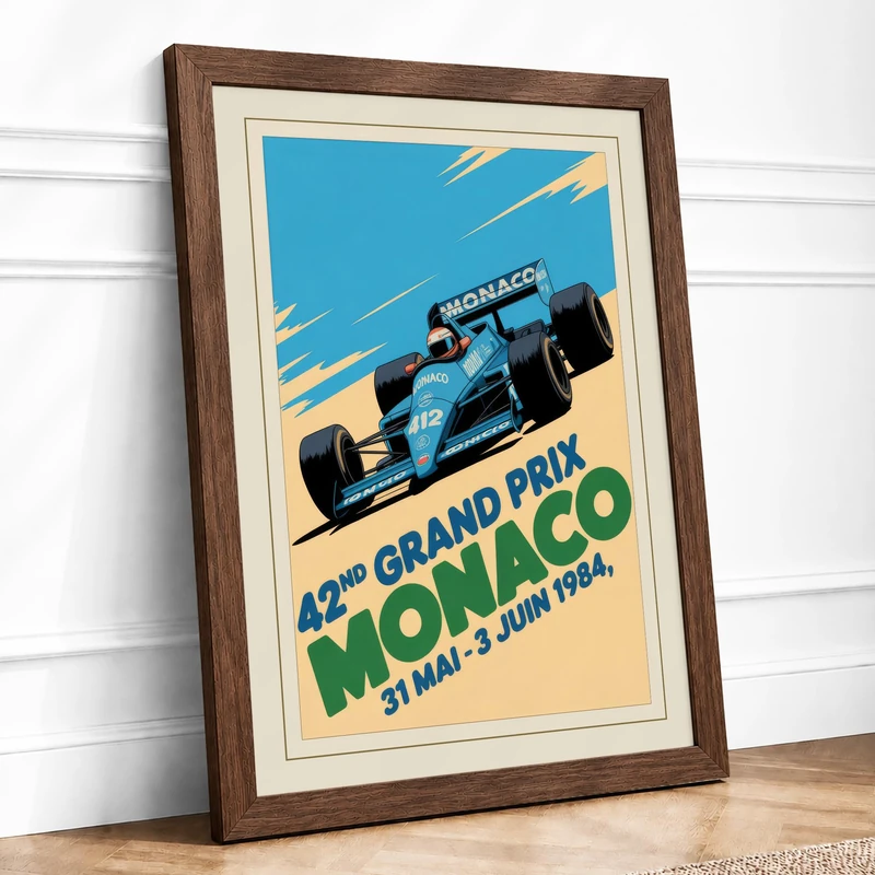 Grand Prix Monaco 1964 Retro Framed Wall Art Print A1 (84.1×59.4cm) Walnut, Wall Decor for Living Room, Bedroom, Office & Home, Ready to Hang, Art Gift - Image 1