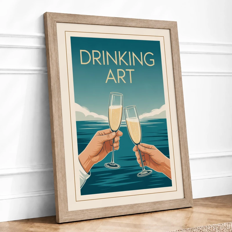 Champagne Toast by the Sea Art Deco Framed Wall Art Print A1 (84.1×59.4cm) Oak, Wall Decor for Living Room, Bedroom, Office & Home, Ready to Hang, Art Gift