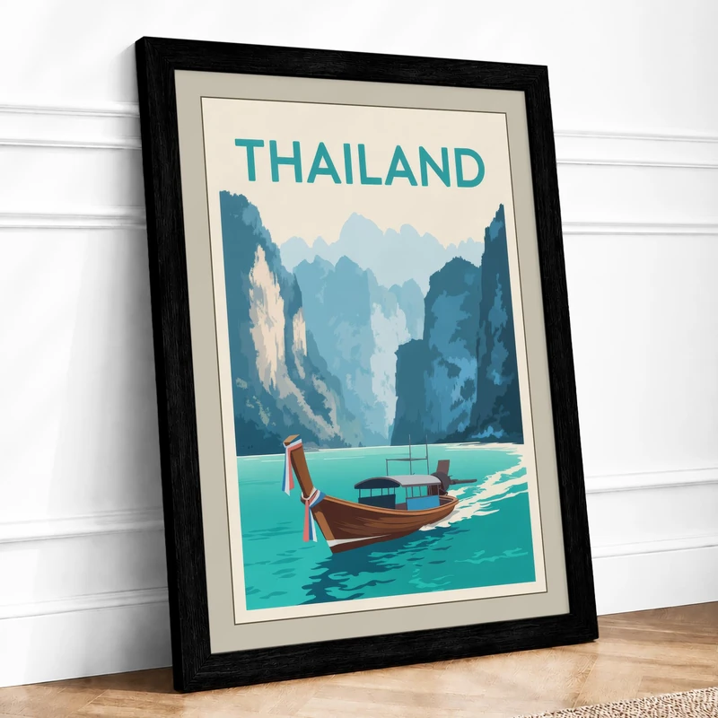 Postcard from Thailand Vintage Framed Wall Art Print A1 (84.1×59.4cm) Black, Wall Decor for Living Room, Bedroom, Office & Home, Ready to Hang, Art Gift