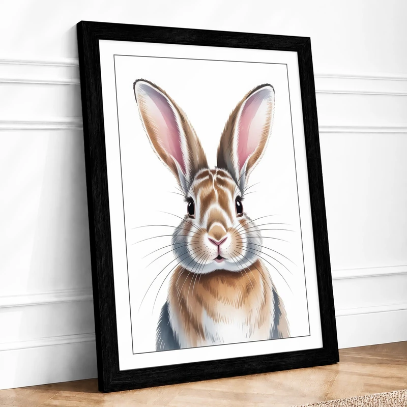 Gentle Rabbit Portrait Botanical Framed Wall Art Print A1 (84.1×59.4cm) Black, Wall Decor for Living Room, Bedroom, Office & Home, Ready to Hang, Art Gift