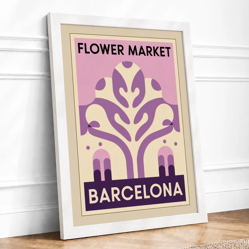 Barcelona Flower Market Vintage Framed Wall Art Print A1 (84.1×59.4cm) White, Wall Decor for Living Room, Bedroom, Office & Home, Ready to Hang, Art Gift - Image 1