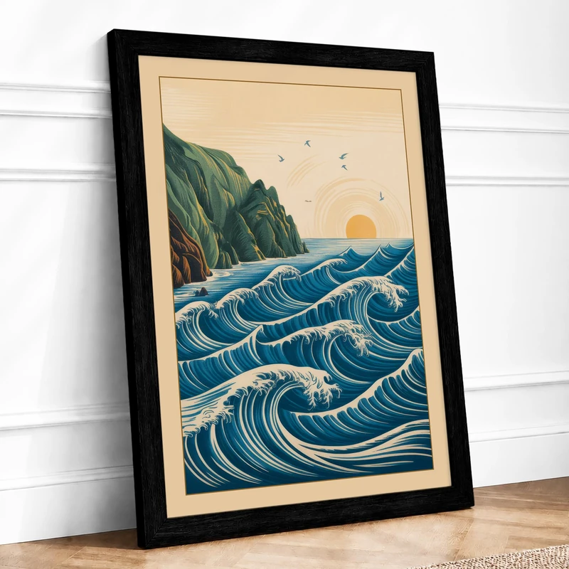 Cliffs and Stormy Sea Coastal Framed Wall Art Print A1 (84.1×59.4cm) Black, Wall Decor for Living Room, Bedroom, Office & Home, Ready to Hang, Art Gift