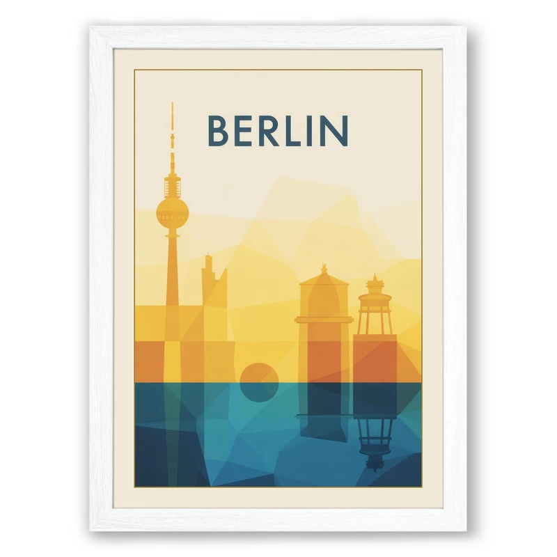 Postcard from Berlin Retro Framed Wall Art Print A1 (84.1×59.4cm) White, Wall Decor for Living Room, Bedroom, Office & Home, Ready to Hang, Art Gift