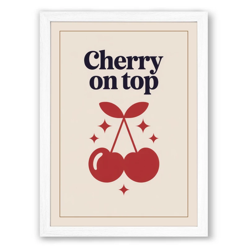 Cherry on Top Retro Framed Wall Art Print A1 (84.1×59.4cm) White, Wall Decor for Living Room, Bedroom, Office & Home, Ready to Hang, Art Gift