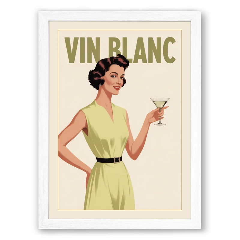 Vin Blanc Cocktail Vintage Framed Wall Art Print A1 (84.1×59.4cm) White, Wall Decor for Living Room, Bedroom, Office & Home, Ready to Hang, Art Gift