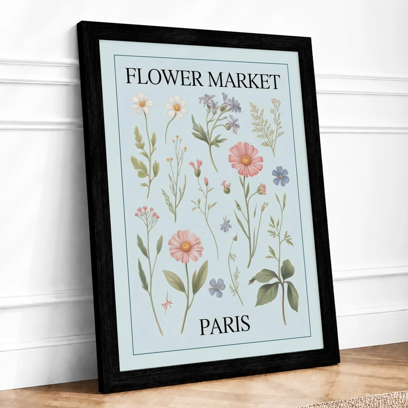 Flower Market Paris Botanical Framed Wall Art Print A1 (84.1×59.4cm) Black, Wall Decor for Living Room, Bedroom, Office & Home, Ready to Hang, Art Gift