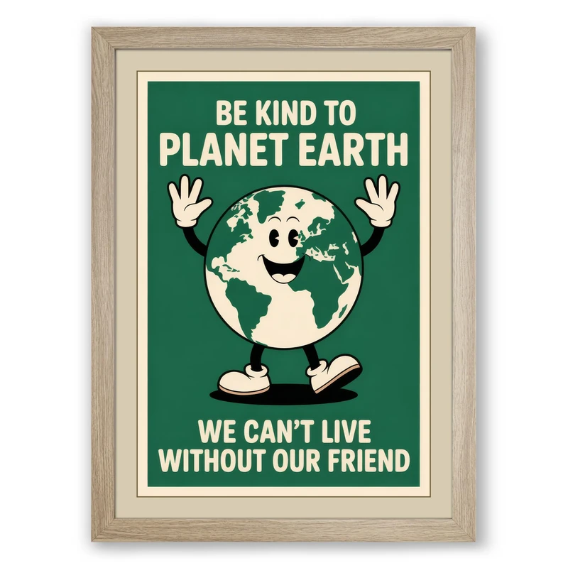 Be Kind to Planet Earth Retro Framed Wall Art Print A1 (84.1×59.4cm) Oak, Wall Decor for Living Room, Bedroom, Office & Home, Ready to Hang, Art Gift