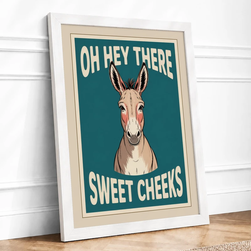 Sweet Cheeks Donkey Retro Framed Wall Art Print A1 White
