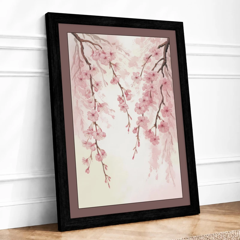 Moonlit Cherry Blossom Botanical Framed Wall Art Print A1 (84.1×59.4cm) Black, Wall Decor for Living Room, Bedroom, Office & Home, Ready to Hang, Art Gift - Image 1