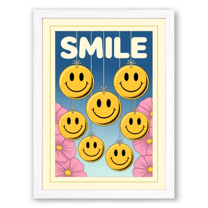 Smile With Happy Faces Retro Framed Wall Art Print A1 (84.1×59.4cm) White, Wall Decor for Living Room, Bedroom, Office & Home, Ready to Hang, Art Gift - Image 1