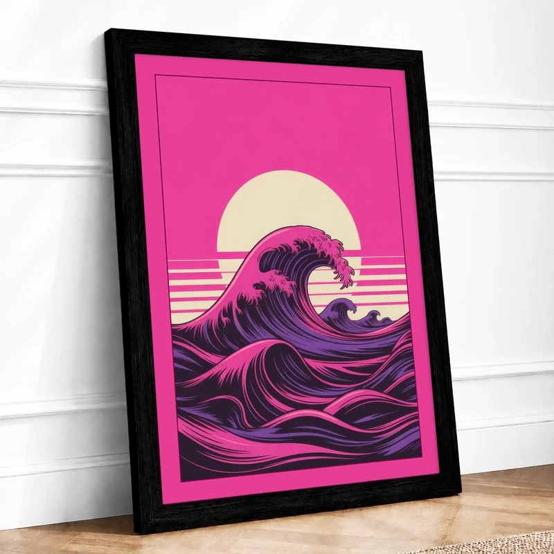 Magenta Wave at Dusk Retro Framed Wall Art Print A1 (84.1×59.4cm) Black, Wall Decor for Living Room, Bedroom, Office & Home, Ready to Hang, Art Gift