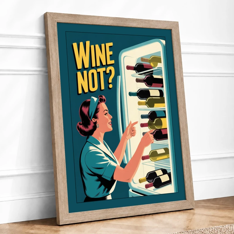 Wine Not Refreshed Retro Framed Wall Art Print A1 (84.1×59.4cm) Oak, Wall Decor for Living Room, Bedroom, Office & Home, Ready to Hang, Art Gift