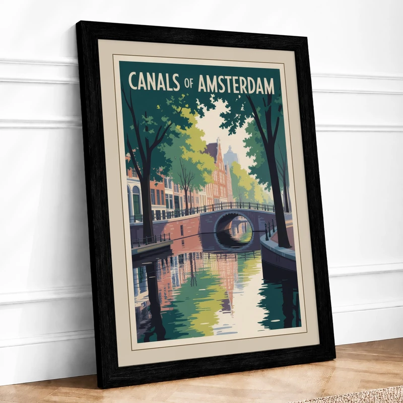 Canals of Amsterdam Vintage Framed Wall Art Print A1 (84.1×59.4cm) Black, Wall Decor for Living Room, Bedroom, Office & Home, Ready to Hang, Art Gift - Image 1