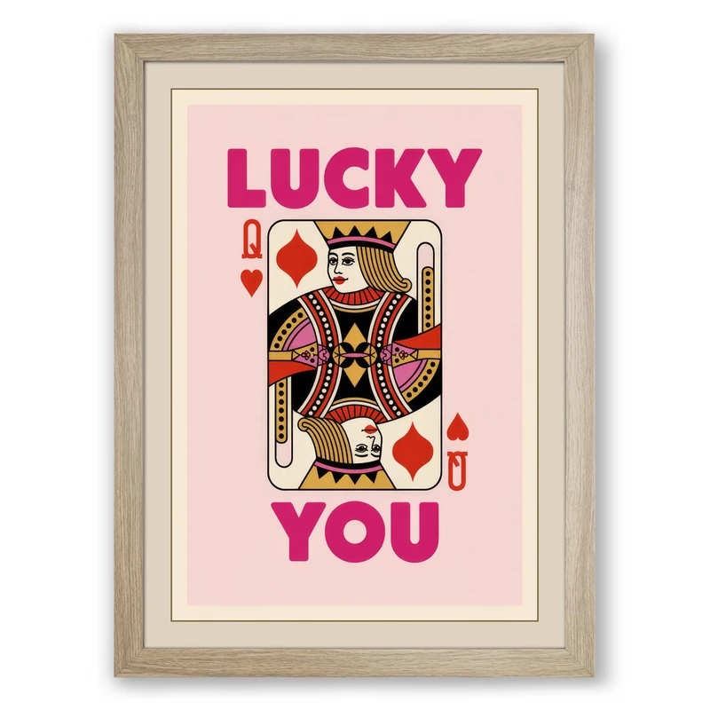 Lucky You Playing Card Retro Framed Wall Art Print A1 (84.1×59.4cm) Oak, Wall Decor for Living Room, Bedroom, Office & Home, Ready to Hang, Art Gift - Image 1
