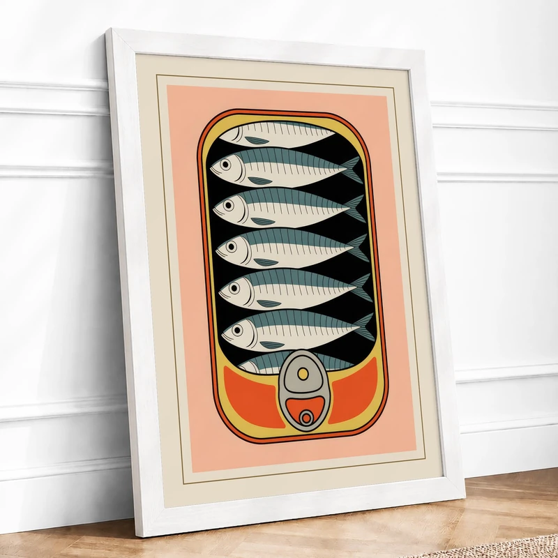 Sardines in Gold Vintage Framed Wall Art Print A1 (84.1×59.4cm) White, Wall Decor for Living Room, Bedroom, Office & Home, Ready to Hang, Art Gift
