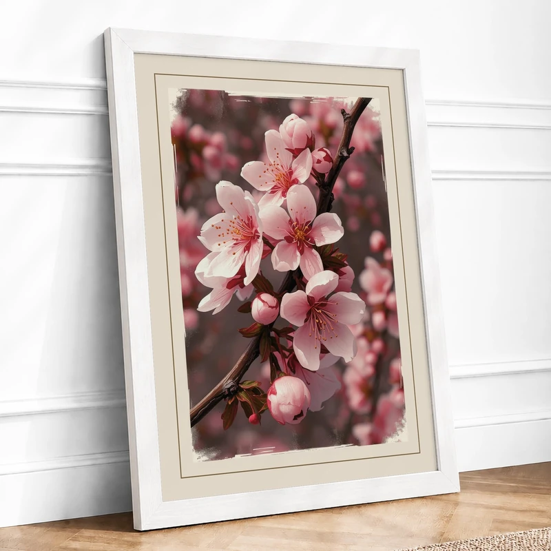 Soft Cherry Blossom Botanical Framed Wall Art Print A1 (84.1×59.4cm) White, Wall Decor for Living Room, Bedroom, Office & Home, Ready to Hang, Art Gift